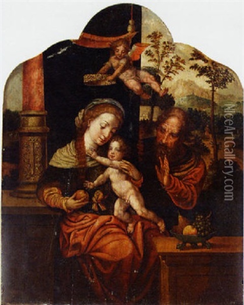 The Holy Family With An Angel Crowning The Virgin, A Landscape Beyond Oil Painting - Pieter Coecke van Aelst the Elder