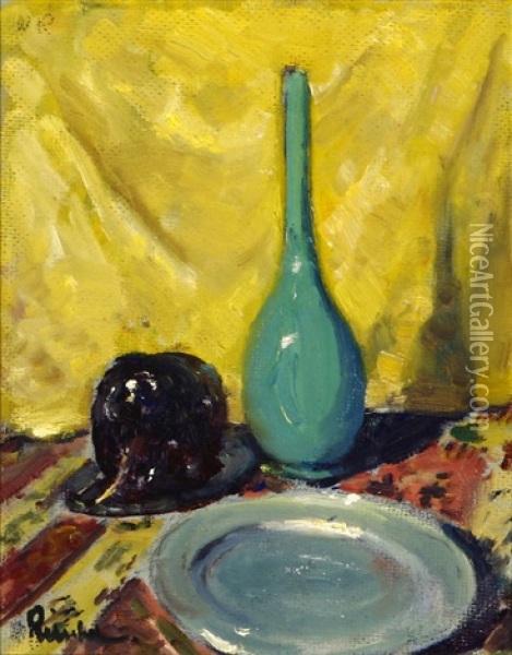 Still Life, Green Bud Vase, Plate And Eggplant On A Patterned Cloth Oil Painting - William Ritschel