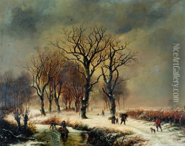 Figures In A Wooded Snow Scene Oil Painting - Barend Cornelis Koekkoek