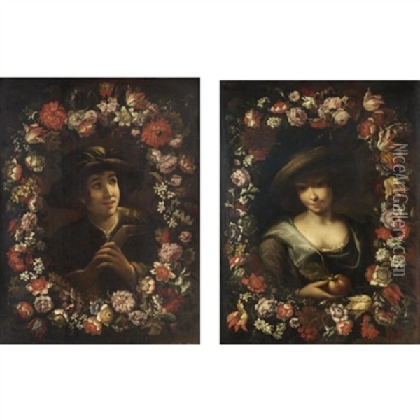 Ghirlanda Di Fiori Con Suonatore (+ Ghirlanda Di Fiori Con Contadina; Pair) Oil Painting - Pier Francesco Cittadini