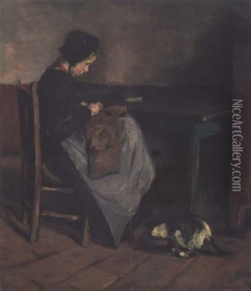 Nahendes Madchen Mit Katze - Hollandisches Interieur Oil Painting - Max Liebermann