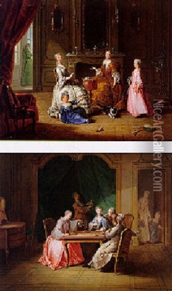 Elegant Interior With Ladies Conversing Oil Painting - Francois Eisen
