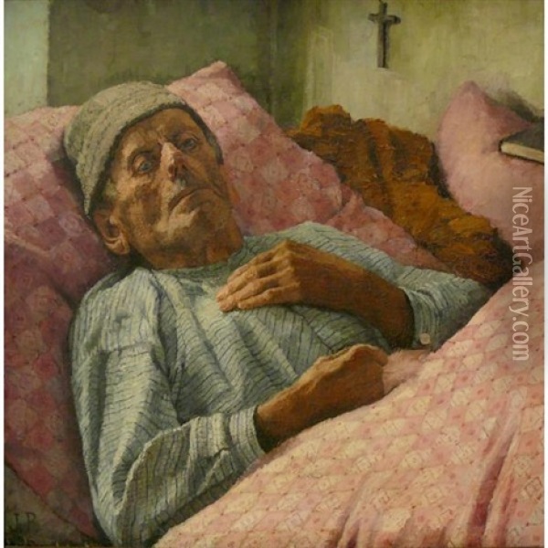 Alter Bauer In Seinem Bett, Neben Ihm Gebetsbuch U. Kreuz An Der Wand Oil Painting - Josefa Pernstich