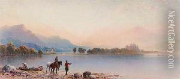 A Highland Loch And Castle At Sunset, With Figures And Ponies On The Shore Oil Painting - Aaron Edwin Penley