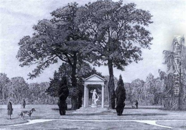 Elegante Spazierganger In Herbstlichem Park Mit Einem Diana-tempel Oil Painting - August Gebhard