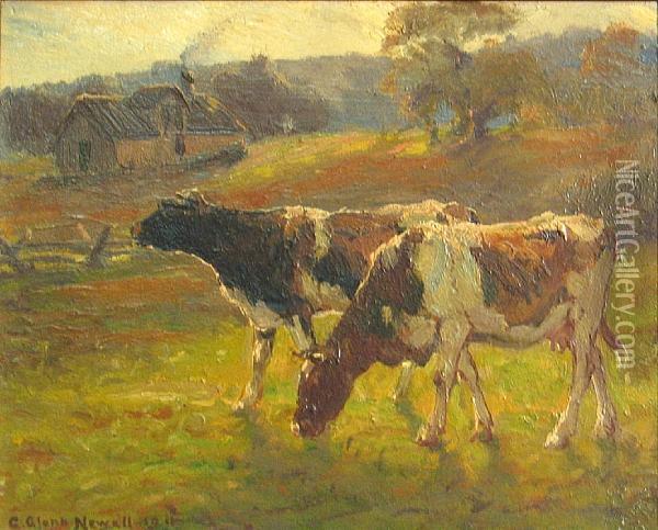 October, Late Afternoon (two Cows In A Field) Oil Painting - George Glenn Newell
