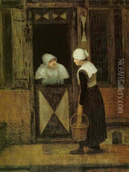 A Dutch Street With Two Women In Conversation At A Doorway Oil Painting - Jacobus Vrel