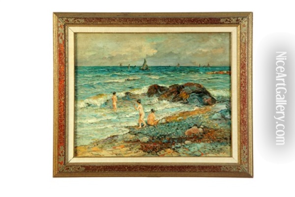 Seascape With Three Nudes Oil Painting - Ferruccio Scattola