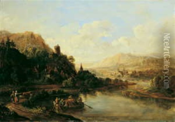 Flusslandschaft Mit Fahrboot Oil Painting - Christian Georg Schuetz the Younger