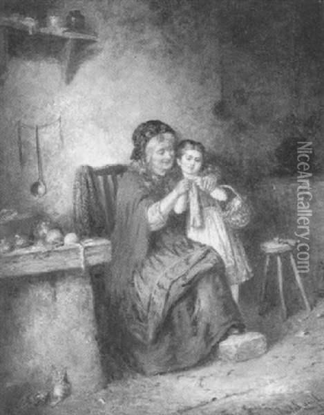 Knitting With Grandma Oil Painting - Mark William Langlois