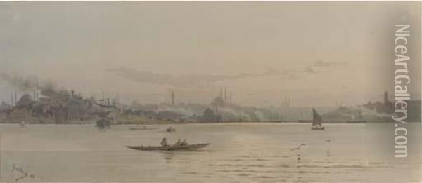 A Sweeping View Of Istanbul With The Topkapi Palace To The Left Oil Painting - Angelos Giallina