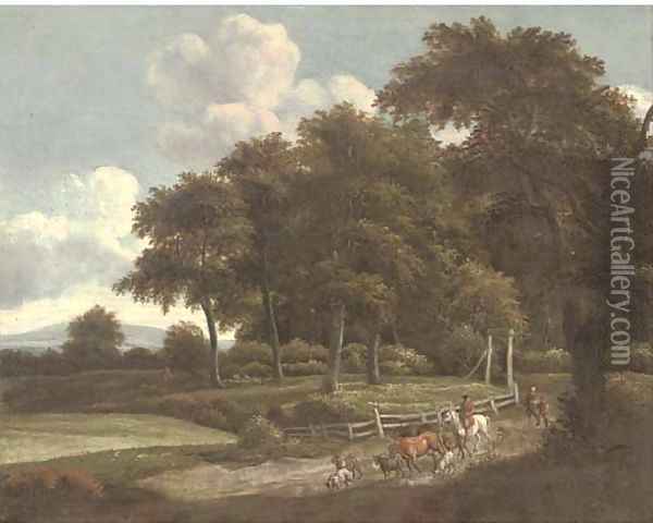 A wooded landscape with a drover and cattle on a track Oil Painting - Jan Wynants