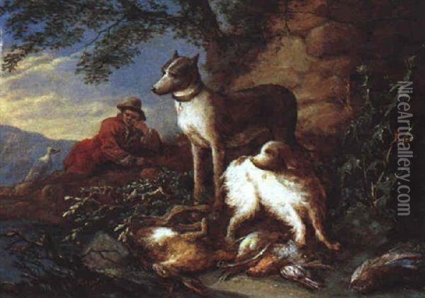 Rastender Jager Mit Hunden Und Jagdbeute In Einer Landschaft Oil Painting - Adriaen de Gryef