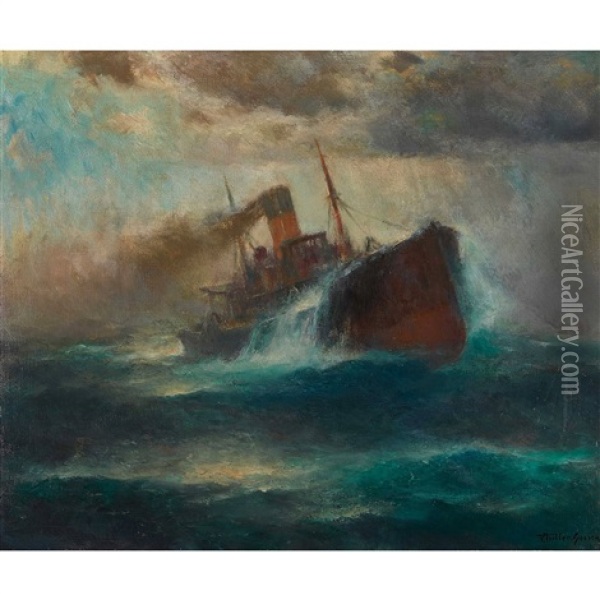 Dampfschiff Auf Sturmischer See Oil Painting - Franz Mueller-Gossen