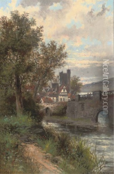 The Riverside Track, A Bridge Beyond (+ A Boat In The Reeds, A Town Beyond; Pair) Oil Painting - Abraham Hulk the Younger