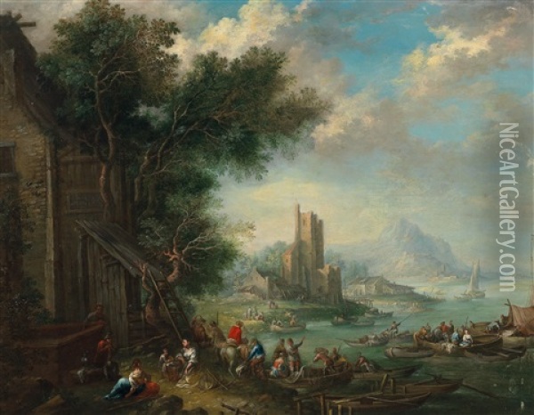 View Of A Port With Figures Oil Painting - Johannes Jakob Hartmann