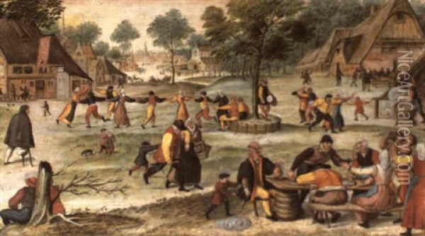 Feiernde Bauern Auf Einem Dorfplatz Oil Painting - Peter van der Borcht