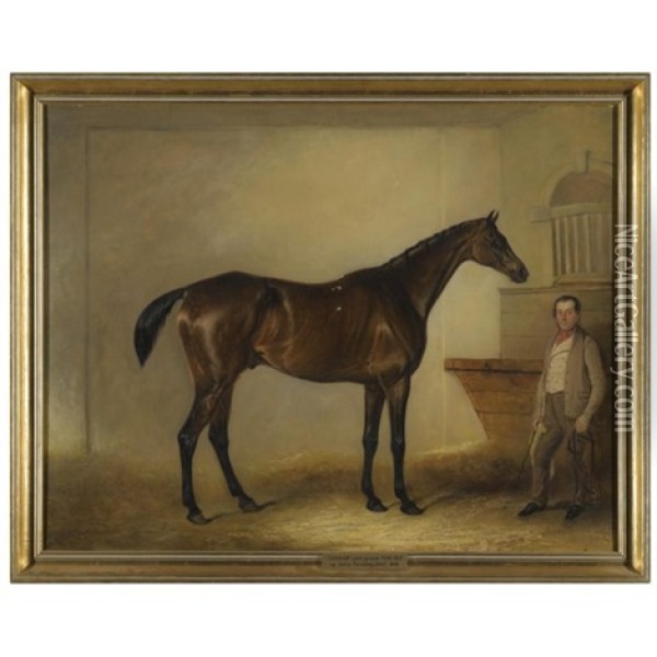 "zohrab", A Bay Hunter, With His Groom Tom Sly, In A Stable Oil Painting - John E. Ferneley