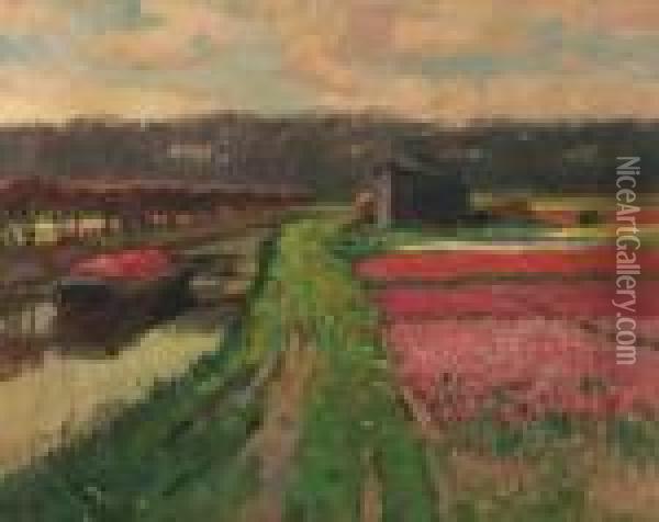 Bulbfields Along A Canal Oil Painting - Bernard, Ben Viegers