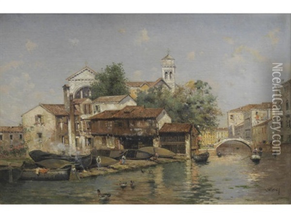 A Venetian Scene Oil Painting - Antonio Maria de Reyna Manescau