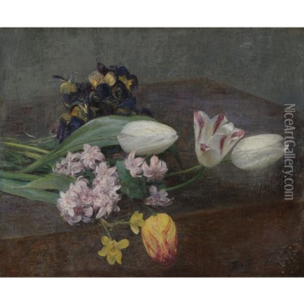 Jacinthes, Tulipes Et Pensees Posees Sur Une Table Oil Painting - Henri Fantin-Latour