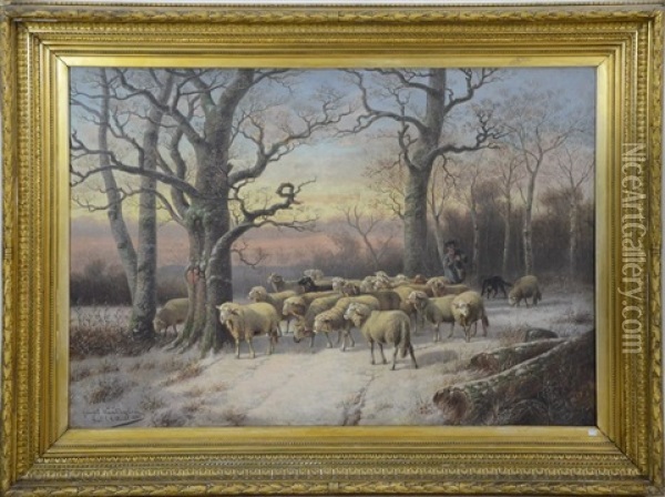 Berger Et Moutons Dans Un Paysage Enneige, Hal Oil Painting - Joseph Van Dieghem