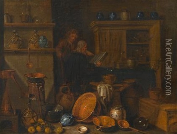 Figures Reading In A Kitchen Interior Oil Painting - Giovanni Domenico Valentino