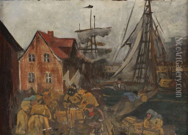 Fra Fiskebryggen I Bergen Oil Painting - Frederik Kolstoe