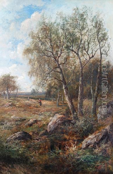 Landscape With Silver Birch And Figures Gathering Firewood Oil Painting - Joseph Thors