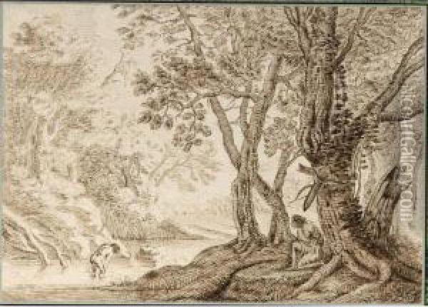 Wooded Landscape With A Man Bathing In A River Oil Painting - Franz Innocenz Kobell