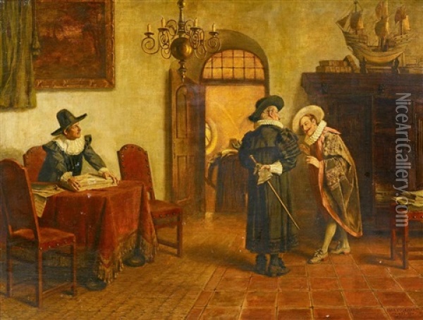 Historisches Interieur Mit Drei Herren Oil Painting - Max Volkhart