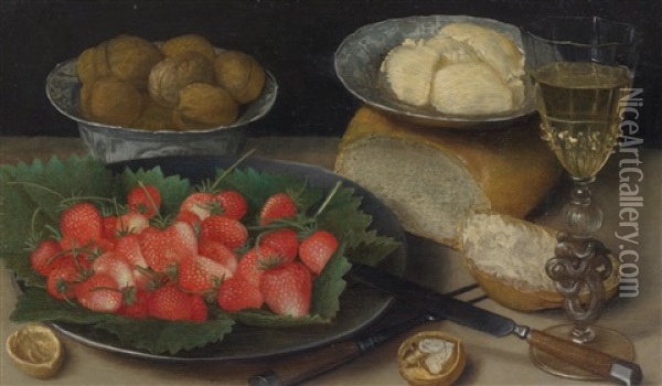 Still Life With Strawberries, Walnuts, Bread, Butter And Wine Oil Painting - Georg Flegel