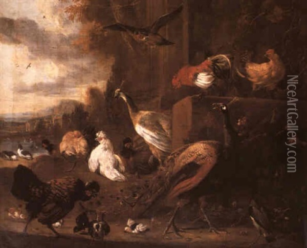 A Peacock With Poultry, A Lapwing And A Bird Of Prey In A   Garden Setting Oil Painting - Melchior de Hondecoeter