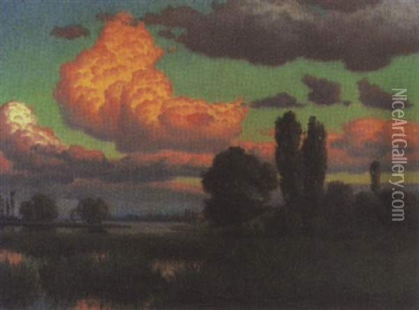 Flusslandschaft In Der Abenddammerung Oil Painting - Traugott Hermann Ruedisuehli
