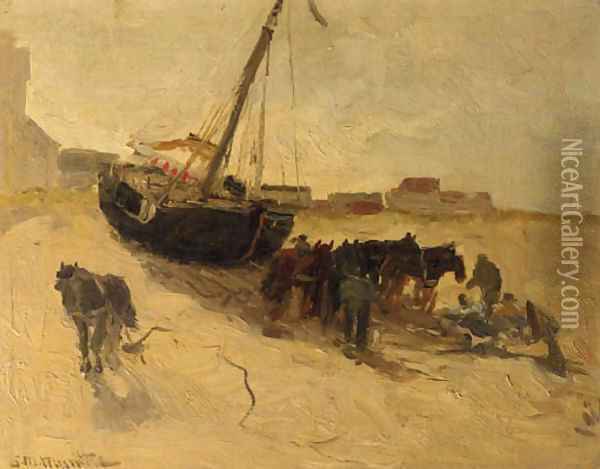 A beach scene with horses and a fishingsmack Oil Painting - Gerhard Arij Ludwig Morgenstje Munthe