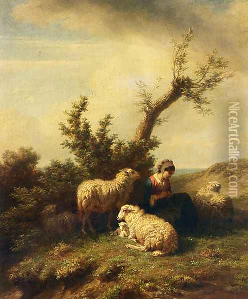 A Shepherdess And Her Flock Oil Painting - Edmond Jean Baptiste Tschaggeny