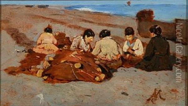 Italian Fishermen's Wives Clean Nets On The Beach Oil Painting - Eduardo Monteforte