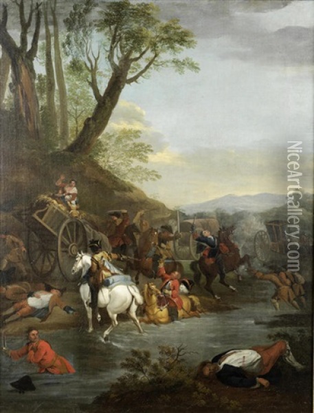 Skirmish At A River Crossing Oil Painting - Jan Wyck