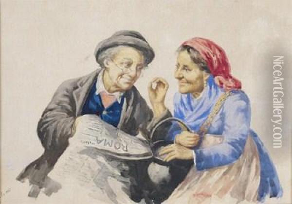 A Couple Reading The Roma Newspaper Oil Painting - Giovanni Battista Filosa