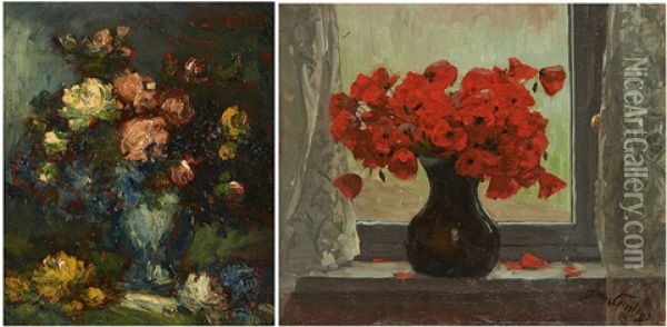 Vases Fleuris (2 Works) Oil Painting - Franz Courtens