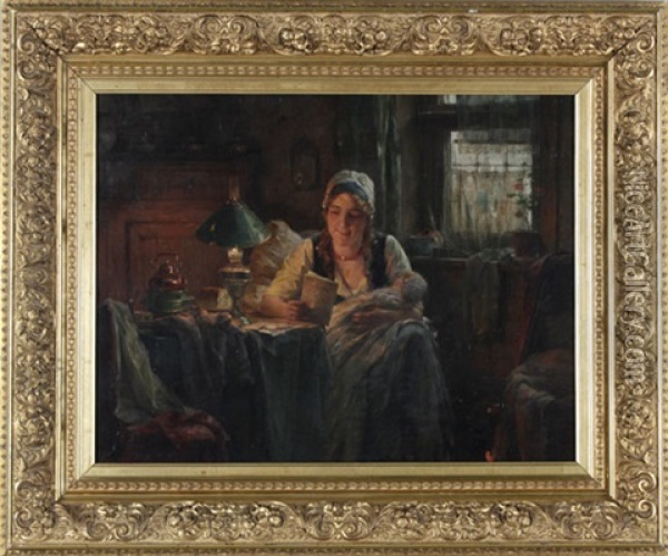 Muttergluck, Interieur Mit Im Schein Der Petroleumlampe Lesender Mutter Oil Painting - Edward Antoon Portielje