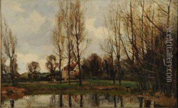 House By A Pond With Figures Oil Painting - Albert Ernest Bottomley