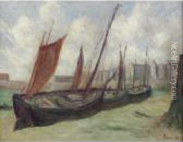 Le Treport Barques De Peche Echouees Sur La Plage Oil Painting - Maximilien Luce