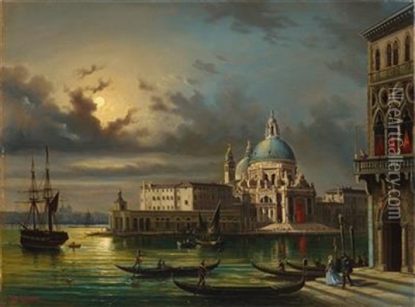 Venice By Night With The Punta Della Dogana And Santa Maria Della Salute Oil Painting - Giovanni Grubas