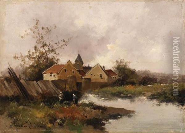 Village Au Bord De L'eau Oil Painting - Eugene Galien-Laloue