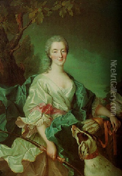 Portrait Of A Lady (marquise D'herbouville?) As Diana, Wearing A Satin Dress Oil Painting - Francois Hubert Drouais