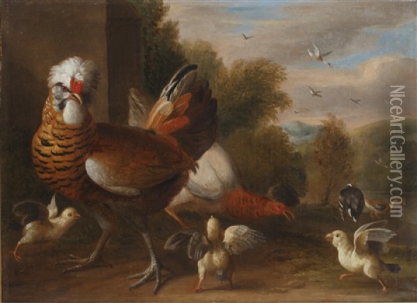 A Cockerel With Two Pigeons In An Open Landscape; A Chicken With Chicks With A Landscape Beyond (pair) Oil Painting - Melchior de Hondecoeter