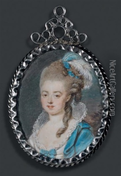 Portrait De La Comtesse De Provence En Robe De Cour Bleue A Grand Col De Dentelle, Haute Coiffure A Plumes D'autruche Et Rubans Bleus Oil Painting - Jean Laurent Mosnier