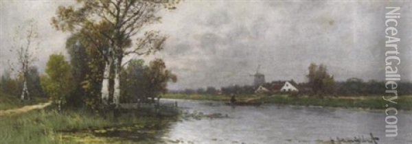 Herbstliche Niederrheinlandschaft Mit Angler Auf Einem Kanal Oil Painting - Johann Jungblut