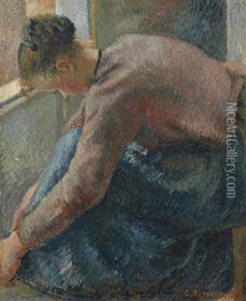 Paysanne Attachant Son Soulier Oil Painting - Camille Pissarro